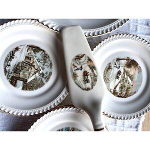 Vintage Homer Laughlin 7-Piece Winter Scene Plate Set With Pie Server